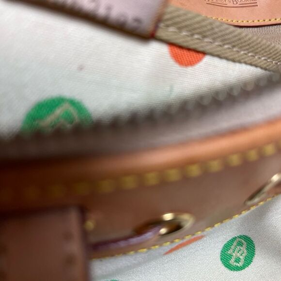 Dooney &Bourke Beige canvas multi color polka dots tan leather trim shoulder bag - Picture 14 of 16